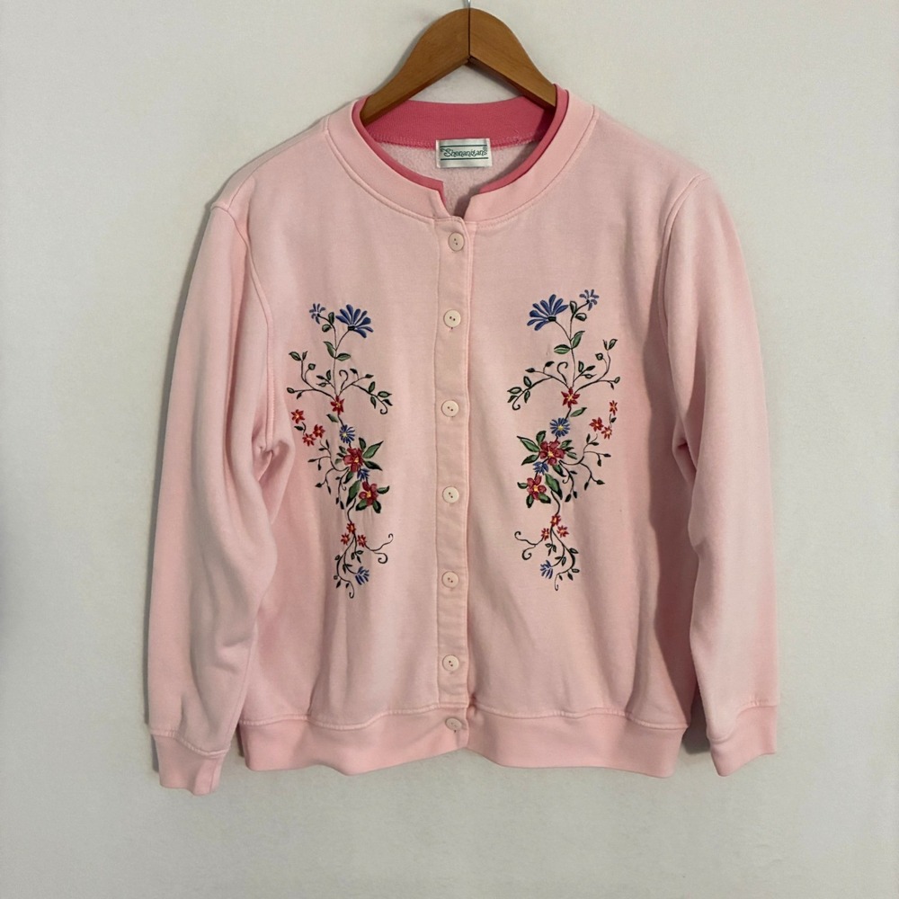 Shenanigans Cardigan Sweater Fits Womens M/L Floral Embroidered Double Collar